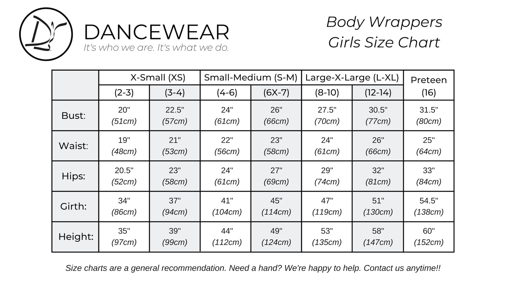 Body Wrappers Girls Size Chart