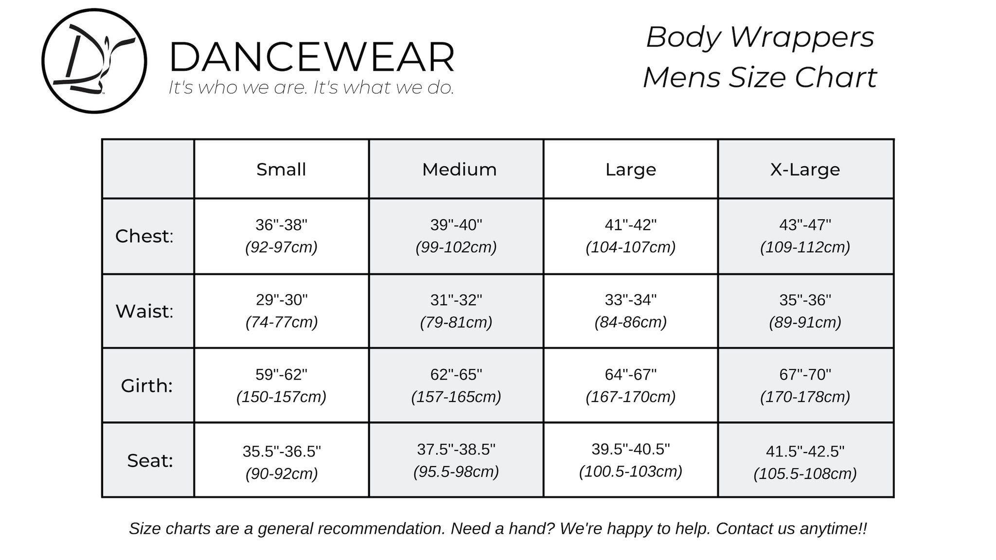 Body Wrappers Mens Size Chart