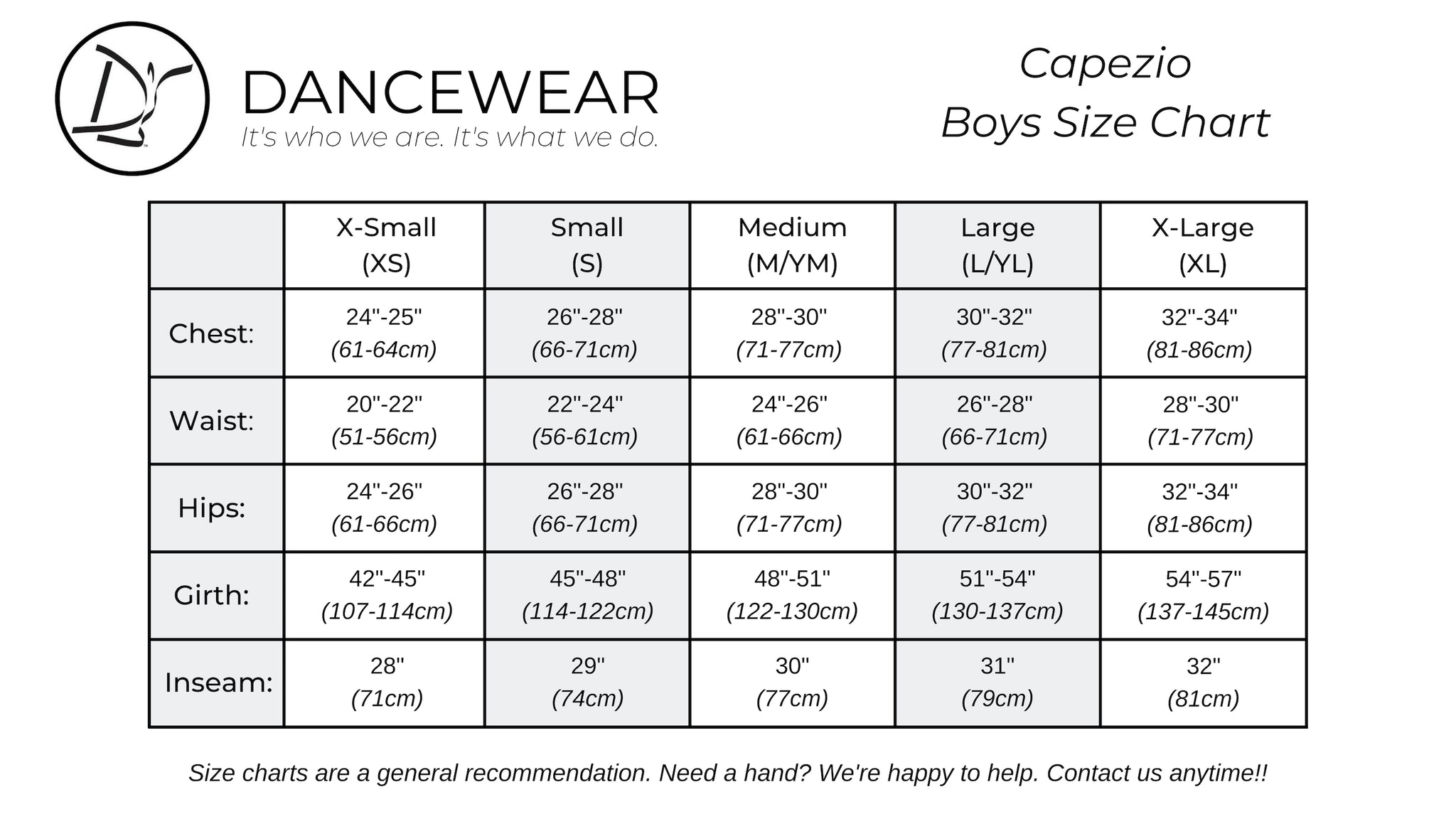 Capezio Boys Size Chart