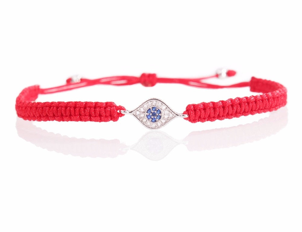 Blue CZ Stones Gold Evil Eye Charm Red String Protection Bracelet