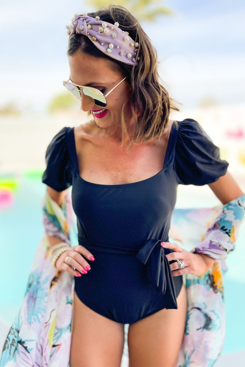 Black Square Neck Puff Sleeve One Piece Swimsuit *FINAL SALE