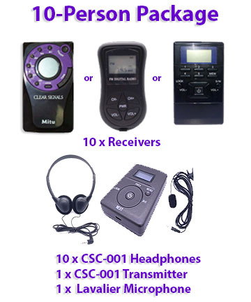 10-Person Packages include a wireless transmitter, 10 wireless receivers, 10 headsets, and 1 microphone.