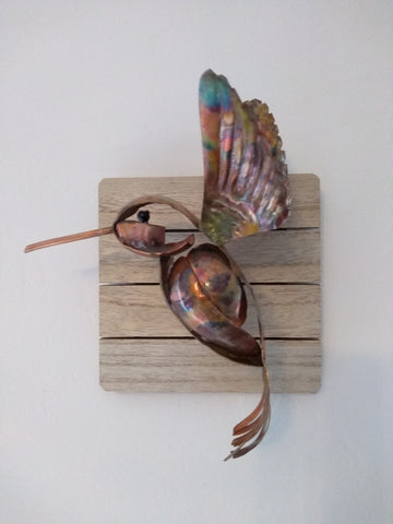 Copper hummingbird sculpture