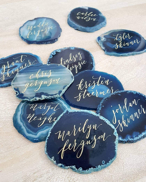 Blue Agate place cards with gold calligraphy