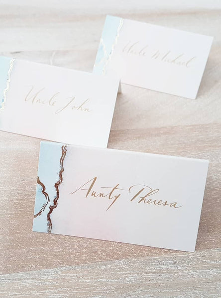 Geo Tented Place Cards with Gold Calligraphy