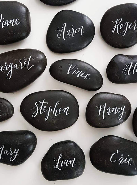 Black Rock Place Cards with White Calligraphy