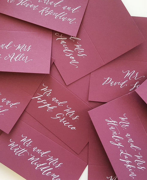 Merlot Tented Seating Cards with White Calligraphy