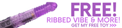 Click here to shop our limited time free sex toys! Choose from a vibrator, dildo, masturbator, and more. Add to your cart now! Banner reads: Free! Ribbed vibe and more! Get my free toy.