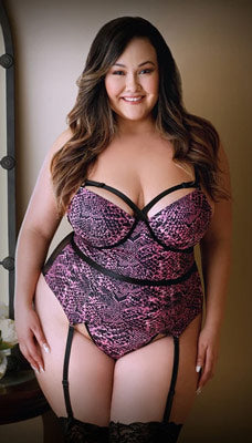 A plus-size panty and bustier lingerie set with snakeskin print.