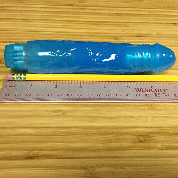 Blue Realistic Vibrator Shown Next To Rule To Show 7 Inch Length 
