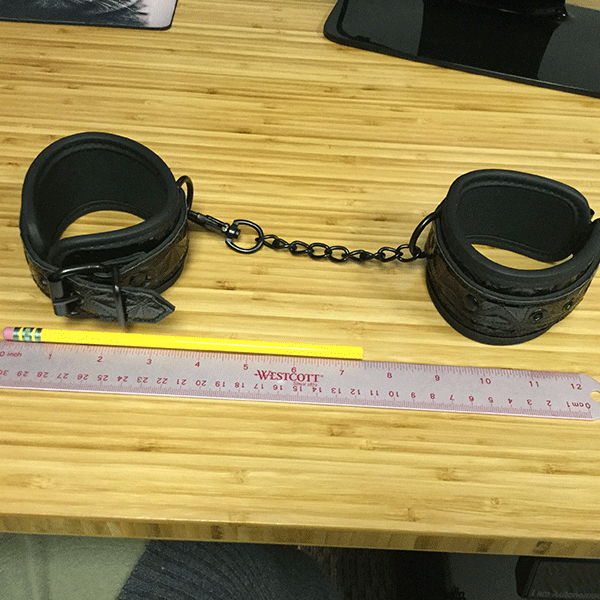 Charlotte's Fetish Wrist Cuffs Shown Next To Ruler Showing Width Of Product