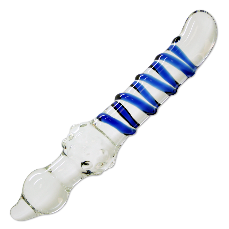 Image of clear and blue swirled glass dildo