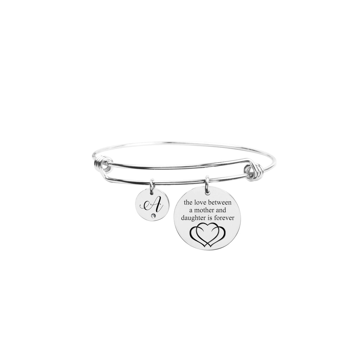 Silver J Pink Box Love Between Mother Initial Bangle with Cubic Zirconia