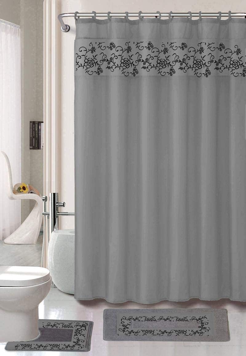 18 Piece Lilian Embroidery Banded Shower Curtain Bath Set Burgundy 