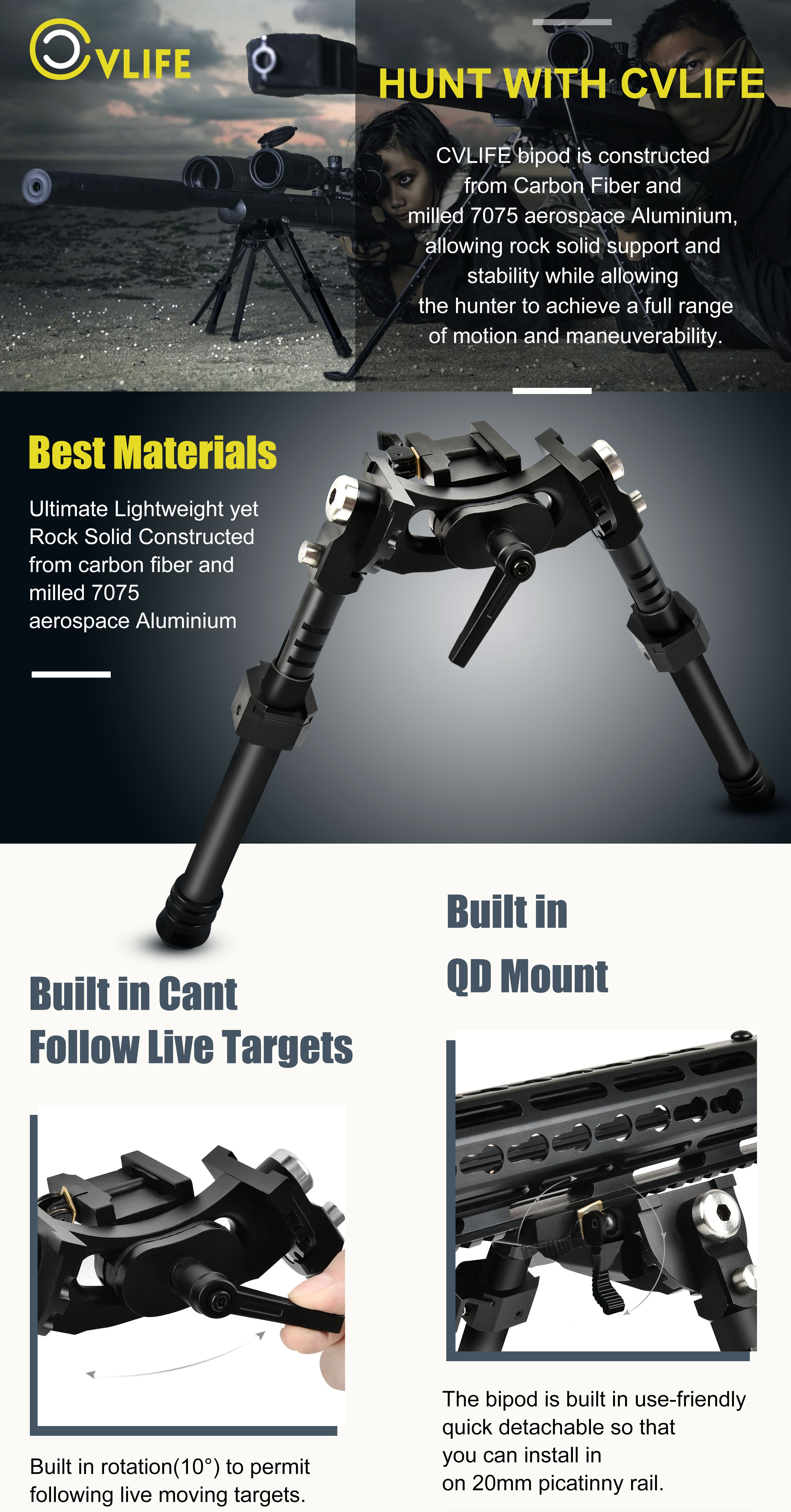 CVLIFE Tactical Bipod Fits for Picatinny Rail & M Lok Rail & Keymod Mount