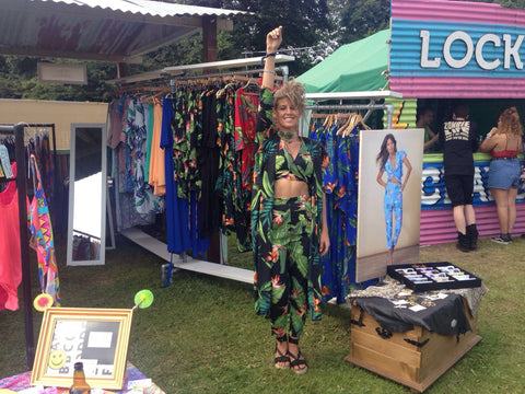 girl wearing Dancing Leopard two piece outside the Dancing Leopard shop at Lovebox