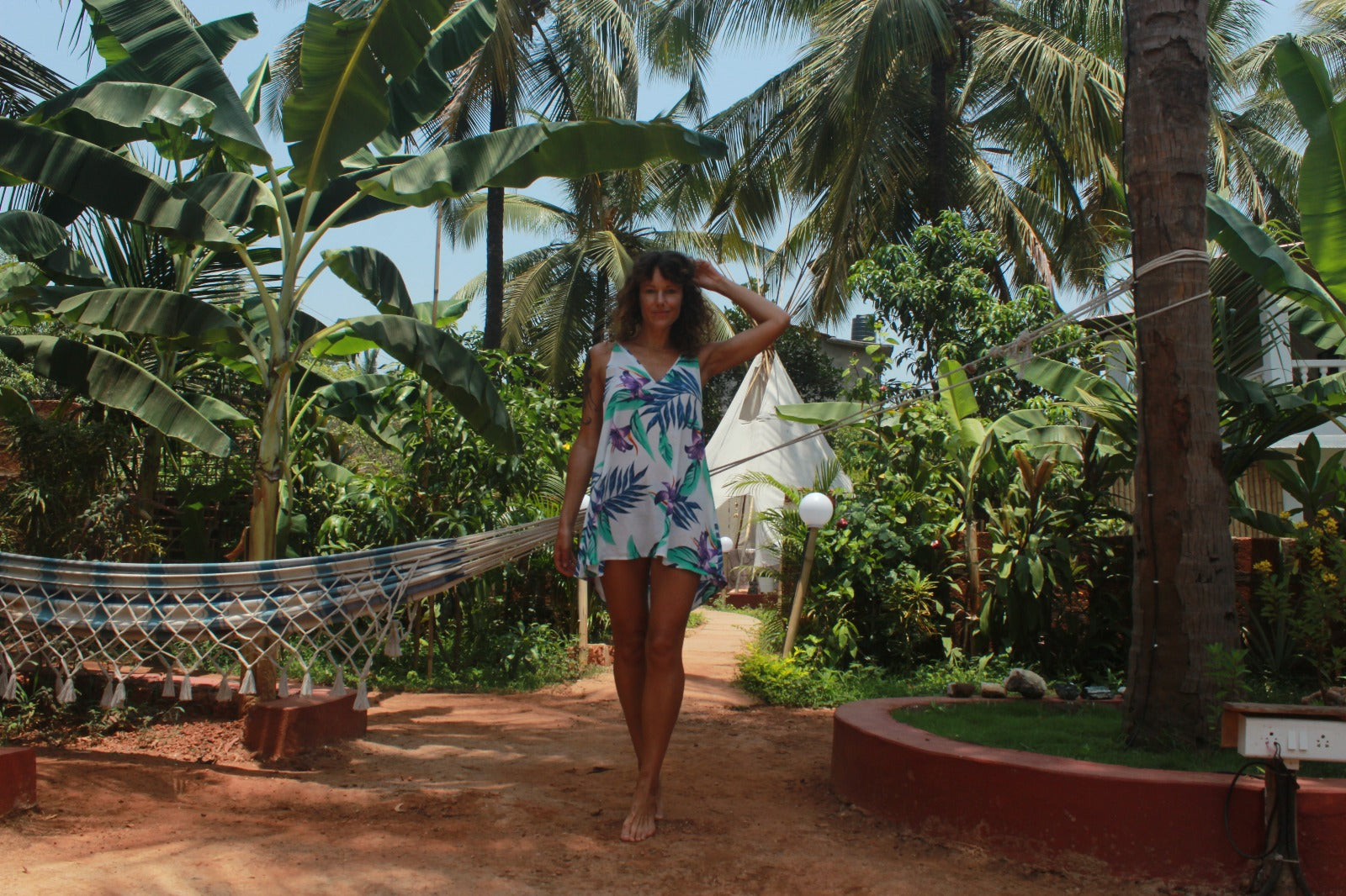 Tanya wearing Dancing Leopard Samba Dress at Wigwam Goa