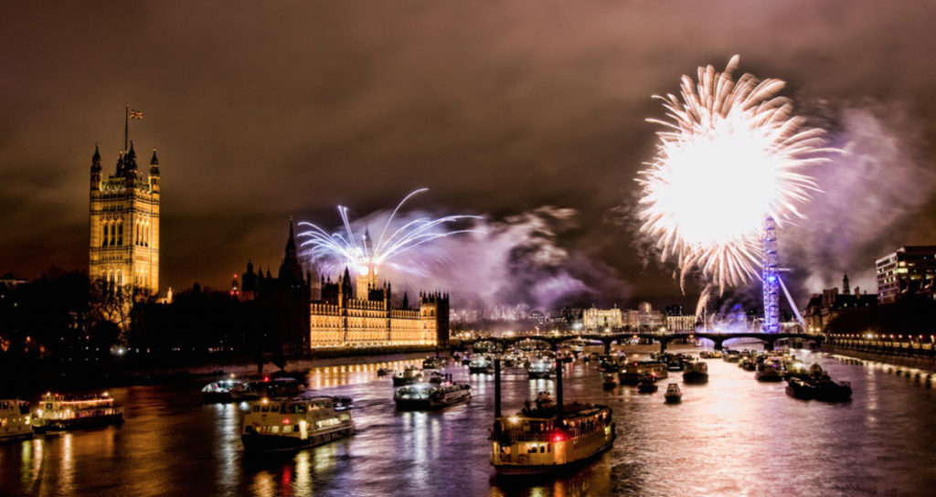 New Years Eve fireworks over River Thames London
