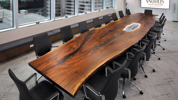 Claro walnut live edge slab custom conference table by CS Woods.  