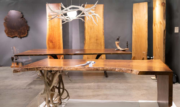 Western Design Conference in Jackson Hole - Claro walnut live edge desk and Claro Walnut table with live edge environmental art