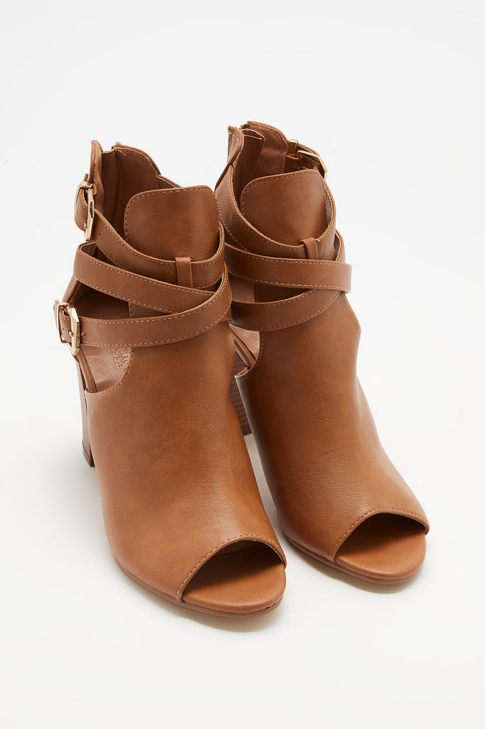 Faux-Leather Peep Toe Ankle Bootie 
