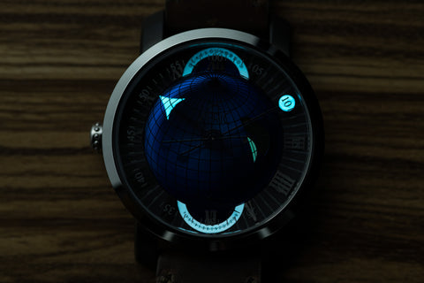 Atlasphere GMT Blue Glow-in-the-dark hands and retrograde arcs