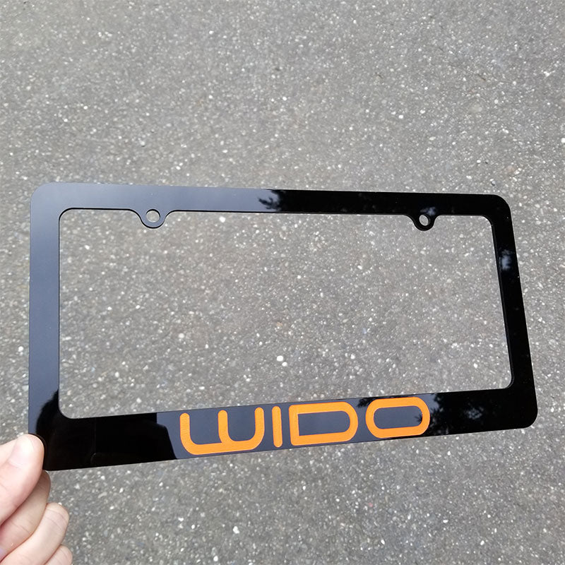 black and orange engraving license plate frame