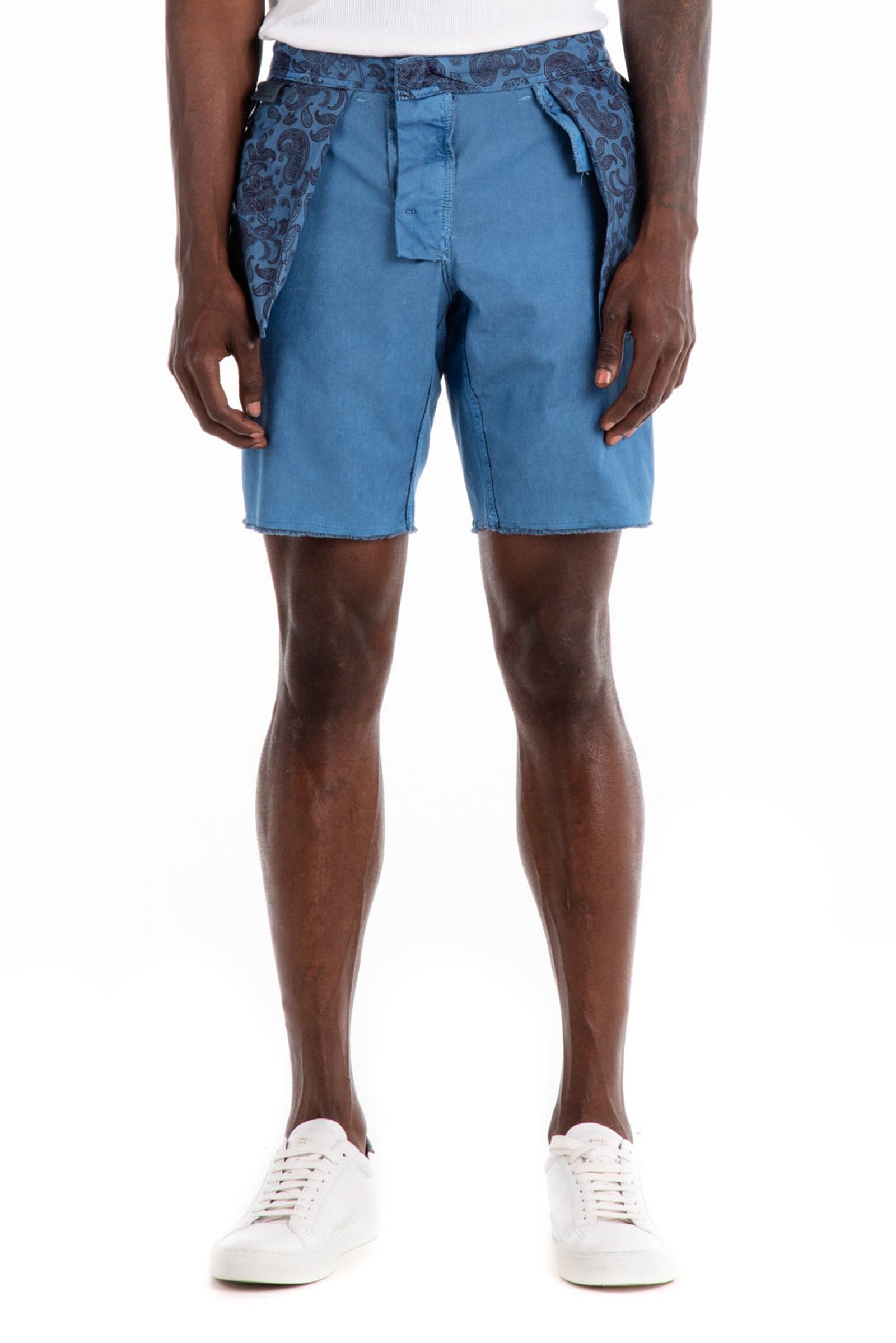 Original Paperbacks Brentwood Chino Short in Marina on Model Cropped Inside Out Pocket Front View