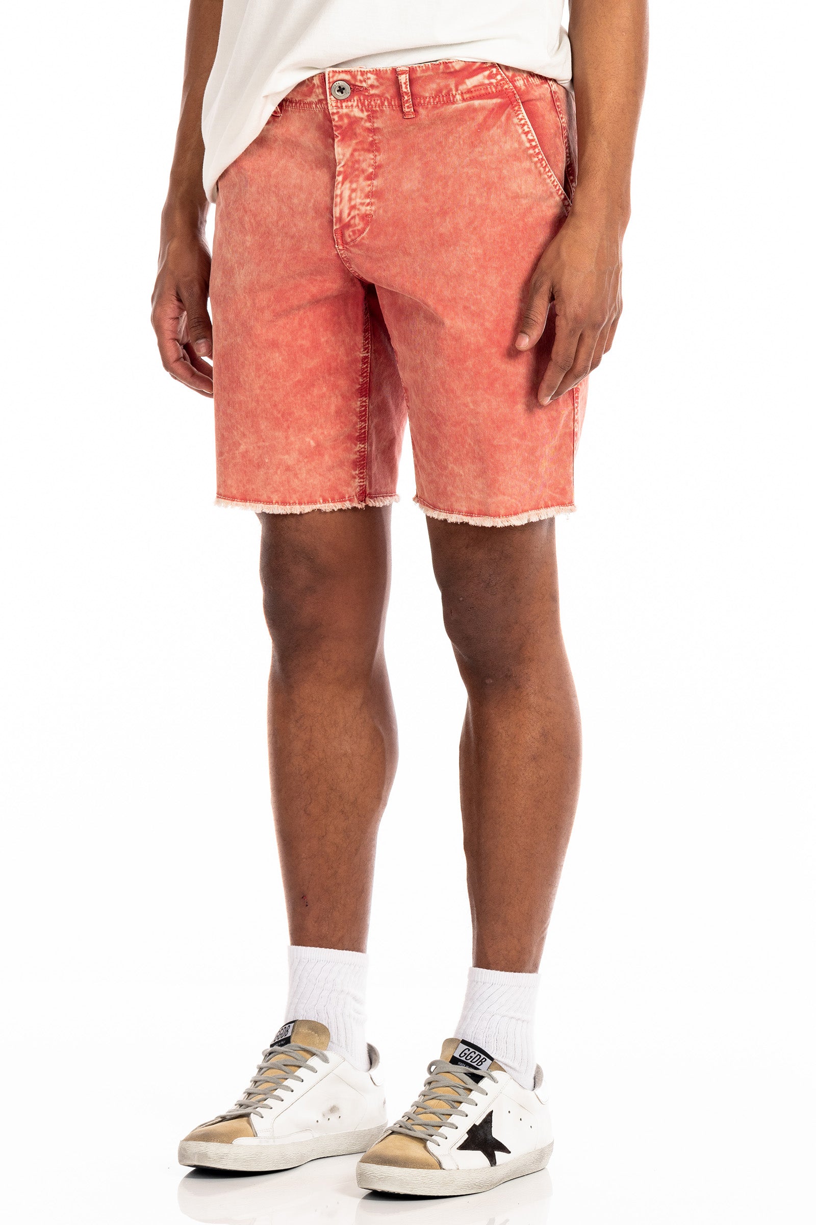 Original Paperbacks Brentwood Mineral Chino Short in Tangerine on Model Cropped Side View