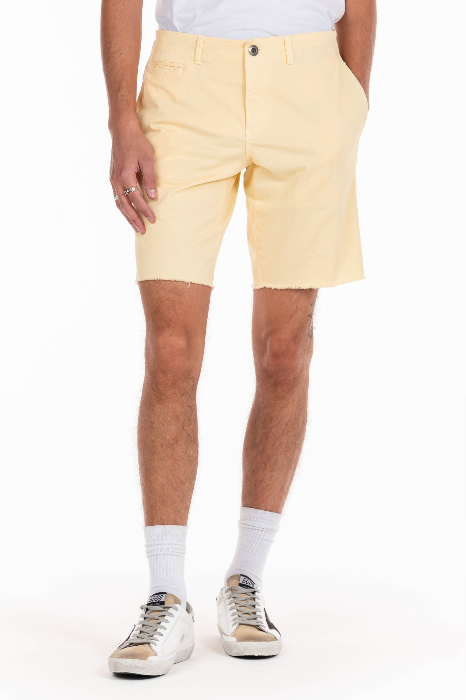 Original Paperbacks Rockland Chino Short in Custard on Model Cropped Styled View
