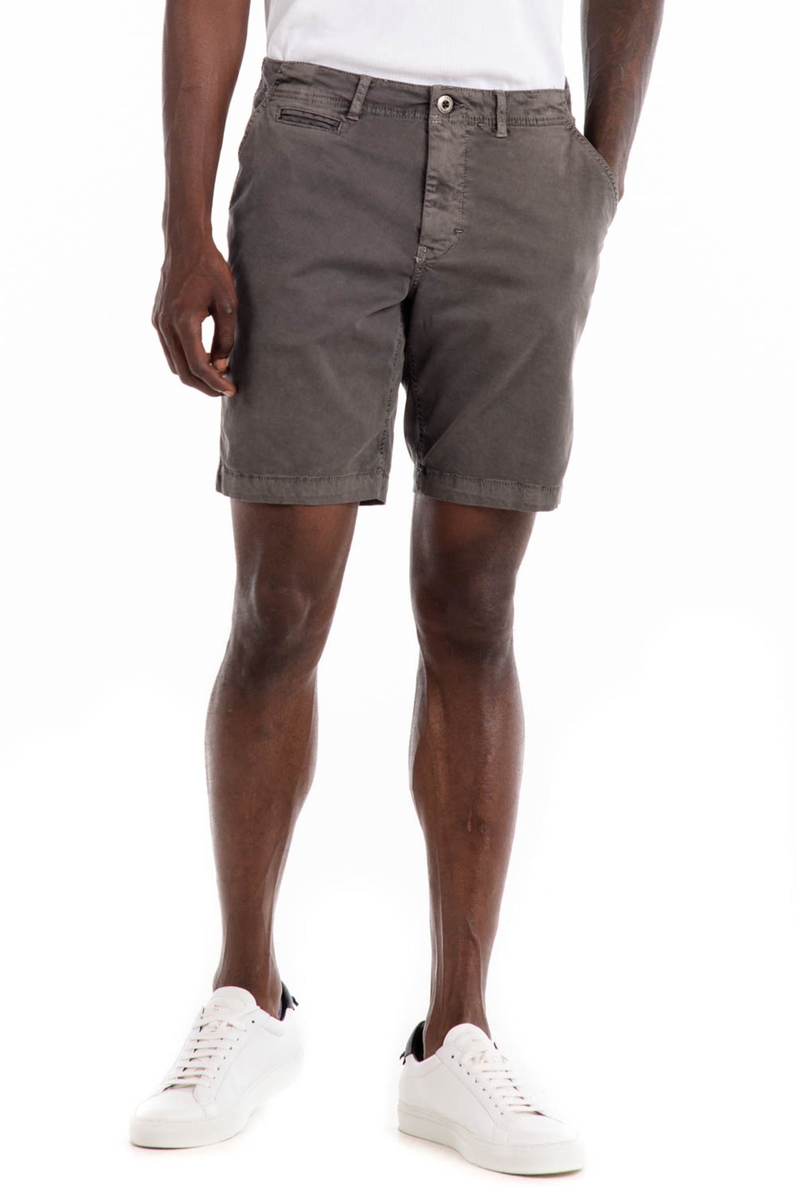 Original Paperbacks Walden Chino Short in Fog on Model Cropped Styled View