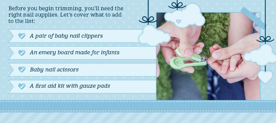 list of items needed for cutting a baby's nails: nail clippers, emery board, nail scissors, gauze pads