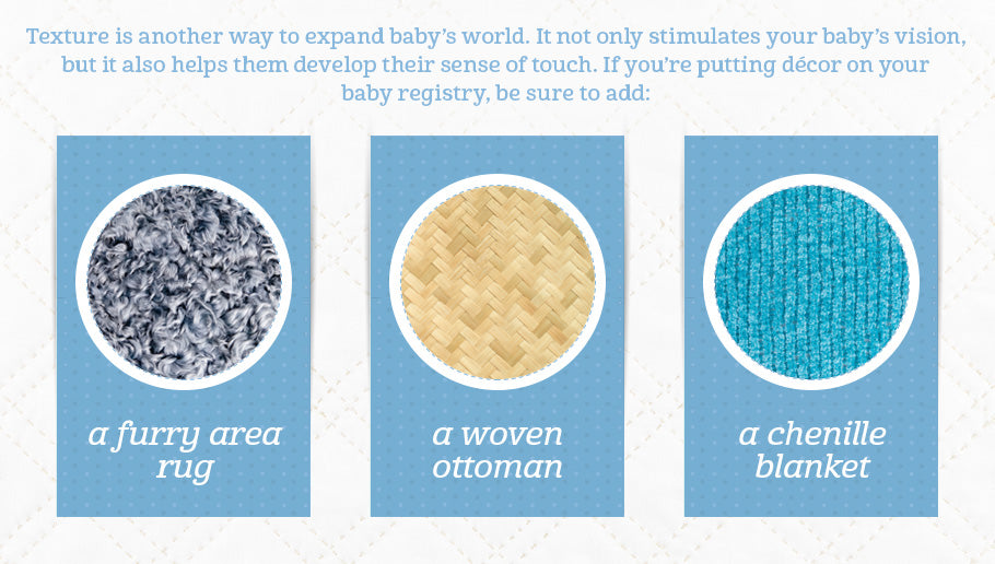 baby nursery textures graphic: a furry rug or woven ottoman can bring texture to a nursery