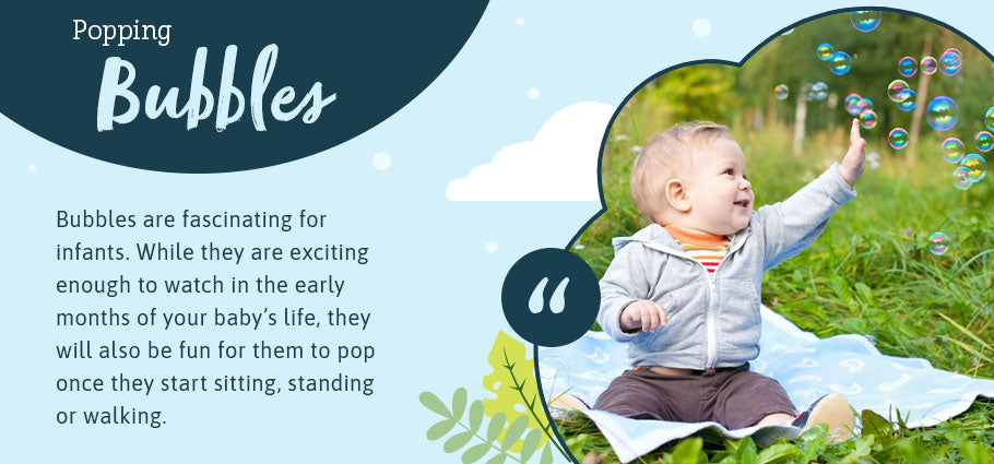 graphic with clouds and baby sitting outside on blanket with text: popping bubbles