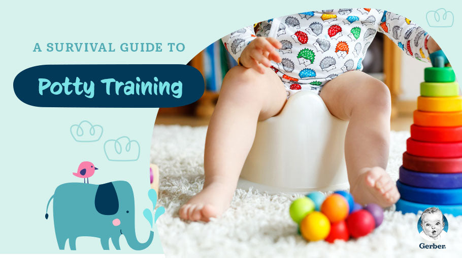 graphic with baby on training toilet with text: "A Surivival Guide to Potty Training"