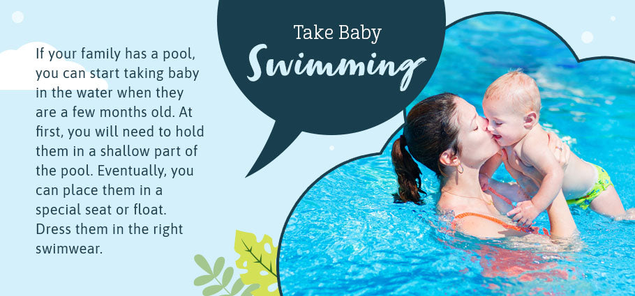 graphic image with clouds and mother and child in swimming pool with text: take baby swimming