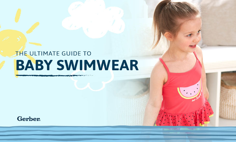 blue background with white clouds and sun with text: ultimate baby swimwear guide