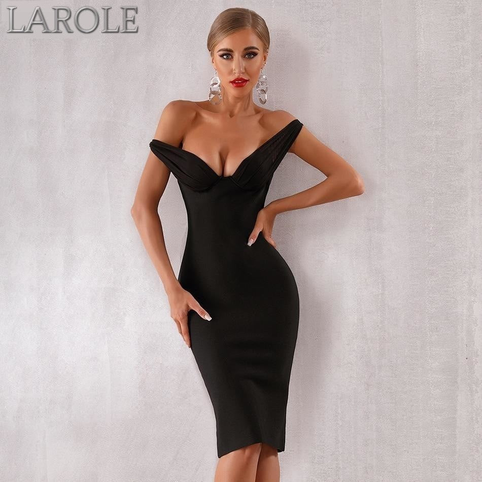 bodycon off shoulder dress with plunging neckline