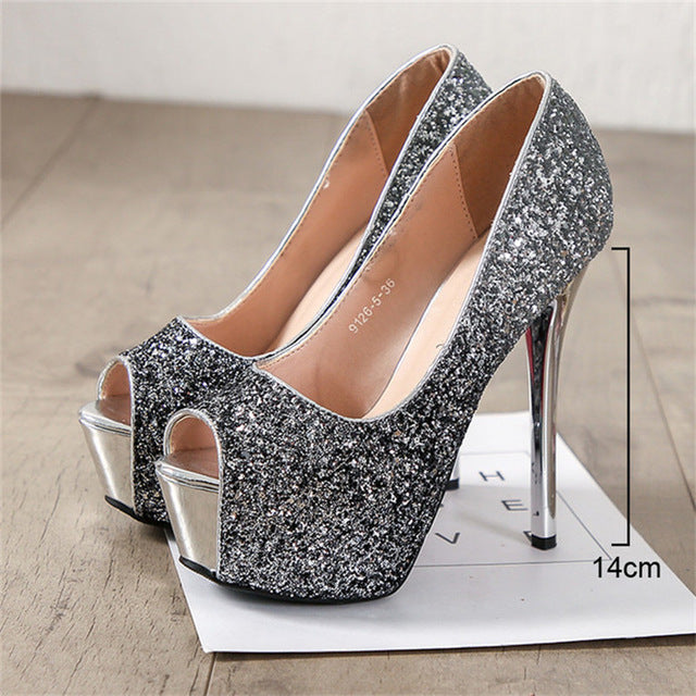 silver platform peep toe heels