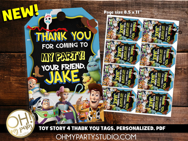 8 Ct. Toy Story 4 Assorted Party Thank You Tags w/Ribbon 