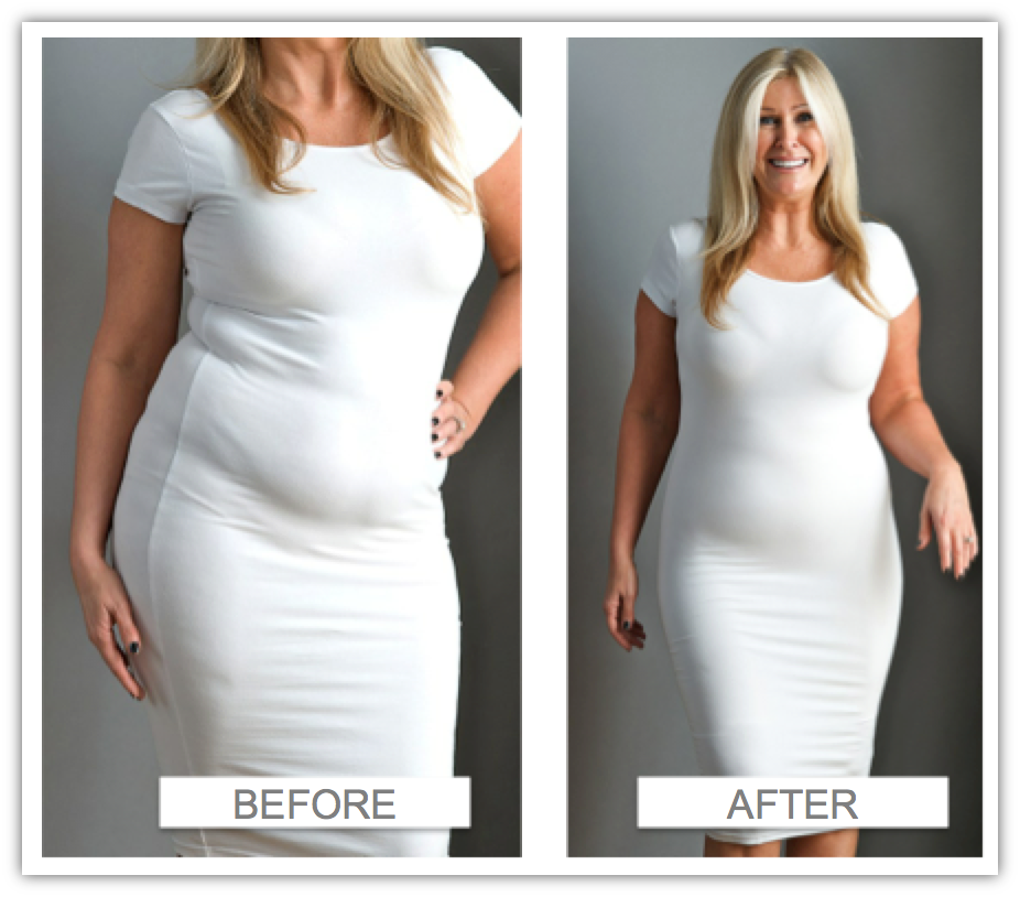 Women Wearing A Beautiful White Dress With Camisole Body Shaper Before And After