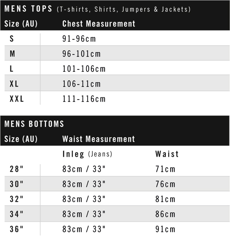 mens streetwear tops and bottoms size guide