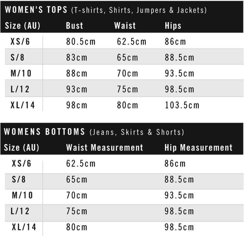 womens streetwear tops and bottoms size guide