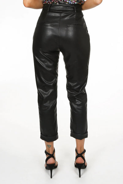 black leather tie up pants
