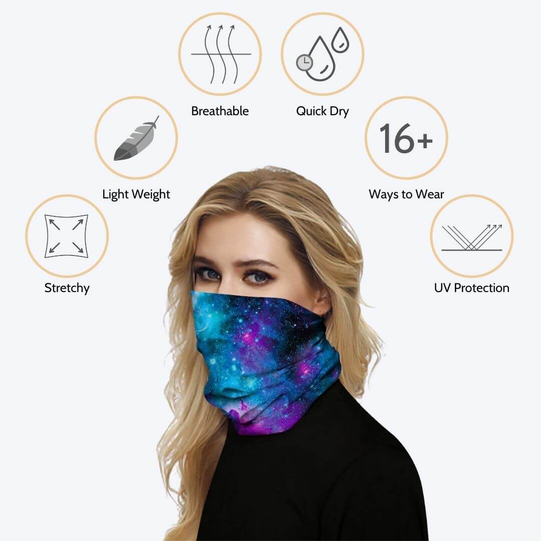 This Leopard Camouflage Print Multifunctional Neck Gaiter is so versatile that there are 16+ ways to wear it - neckerchief, headband, wristband, hair band, balaclava, face mask, face scarf, beanie, bandana, durag, neck gaiter, sahariane, pirate hat, scrunchie, helmet lining and more. Perfect for all sorts of indoor and outdoor activities including cardio, weightlifting, hiking, fishing, skiing, cycling, skating etc with UV protection and odor control.