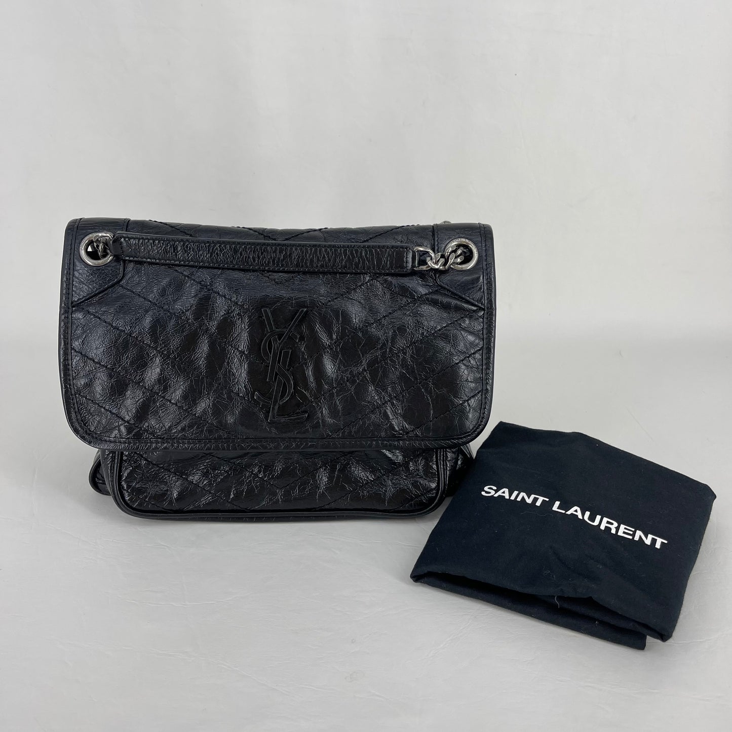 Authentic YSL Black Niki Crinkled Calfskin Shoulder Bag