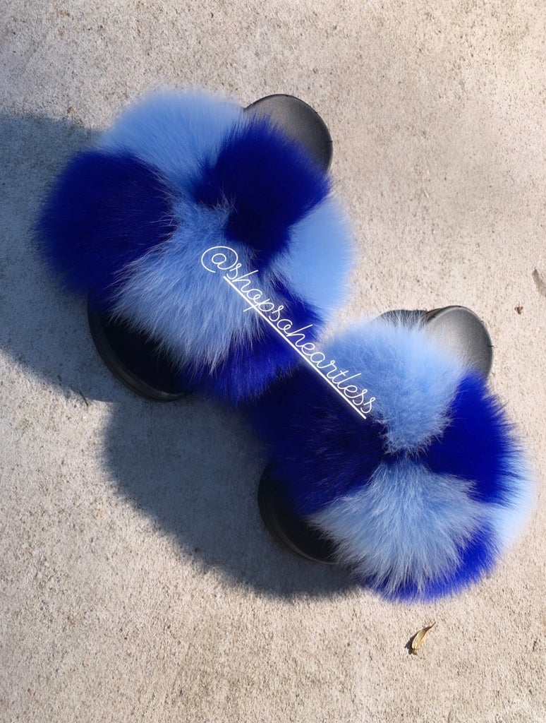Smurf Blue Fur Slides | Shop So 