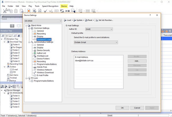 ODMS R7 DM Dictation Module DS-9500 Configure email recipient list