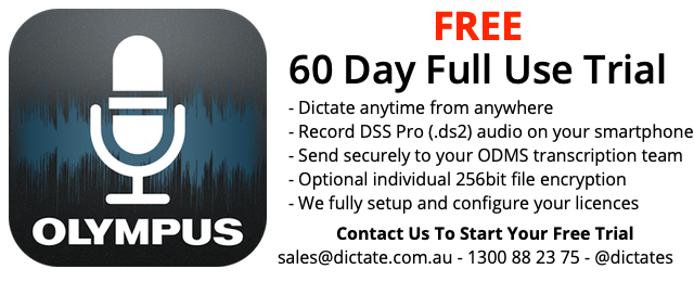 Olympus Dictation App Licence Free trial Android iPhone Send ds2 audio from your smartphone Australia