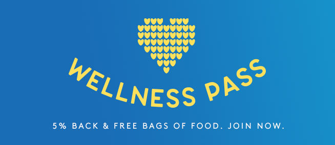 Blue box with yellow hearts in the shape of a heart made into a wellness pass click here to get 5% back and free bags of food join now
